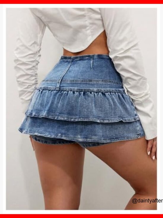 Denim Short Skirt with Ruffle Hem, Button Front, High Waist A-Line Mini - Picture 2 of 5